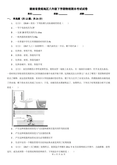 湖南省娄底地区八年级下学期物理期末考试试卷