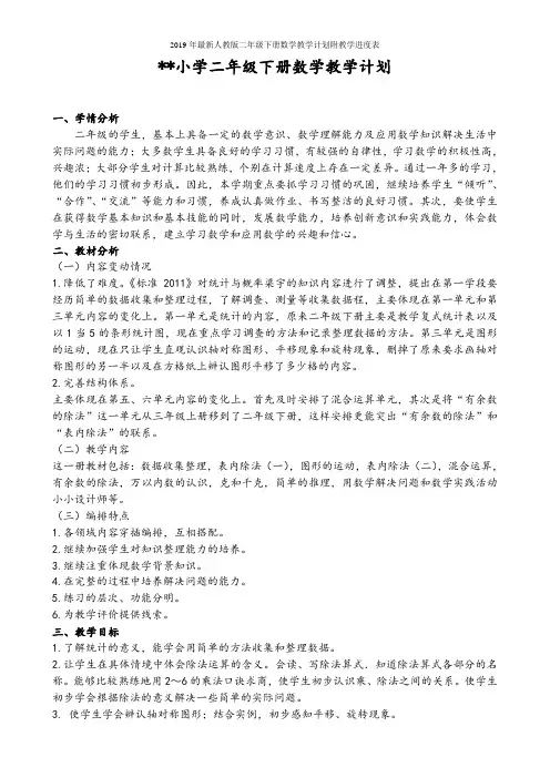 2019年最新人教版二年级下册数学教学计划附教学进度表