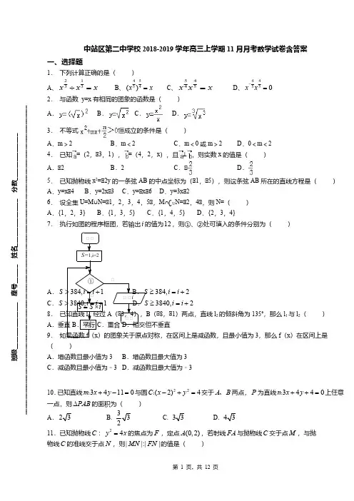 中站区第二中学校2018-2019学年高三上学期11月月考数学试卷含答案