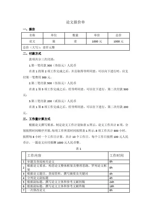 论文报价详单