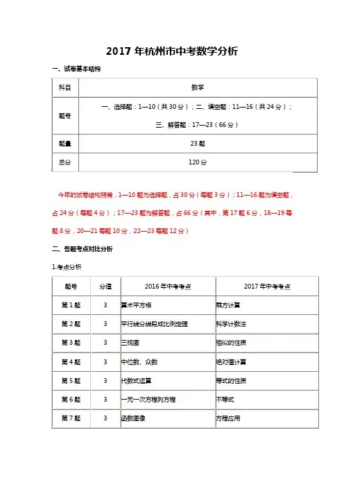 2017杭州中考数学试卷分析
