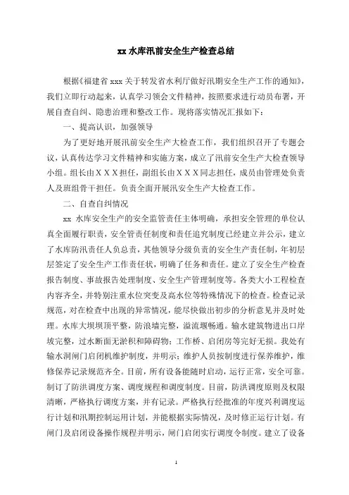 水库汛前安全生产检查总结