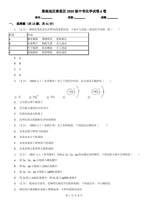 娄底地区娄星区2020版中考化学试卷A卷