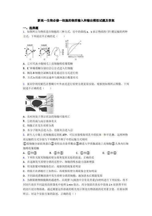 新高一生物必修一细胞的物质输入和输出模拟试题及答案