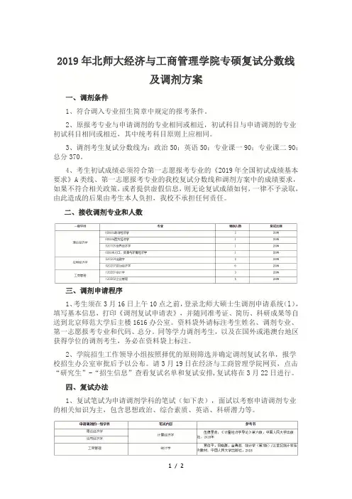 2019年北师大经济与工商管理学院专硕复试分数线及调剂方案