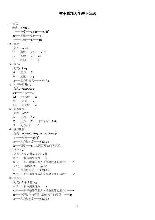 初中物理公式(力学)