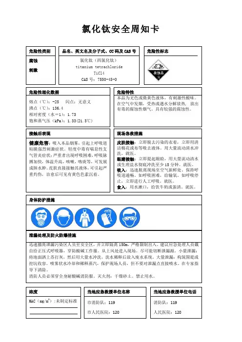 氯化钛安全周知卡、职业危害告知卡、理化特性表