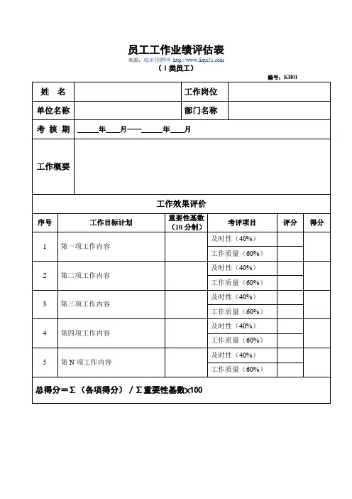 员工工作业绩评估表