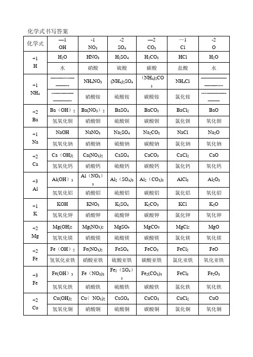初中化学式书写练习答案
