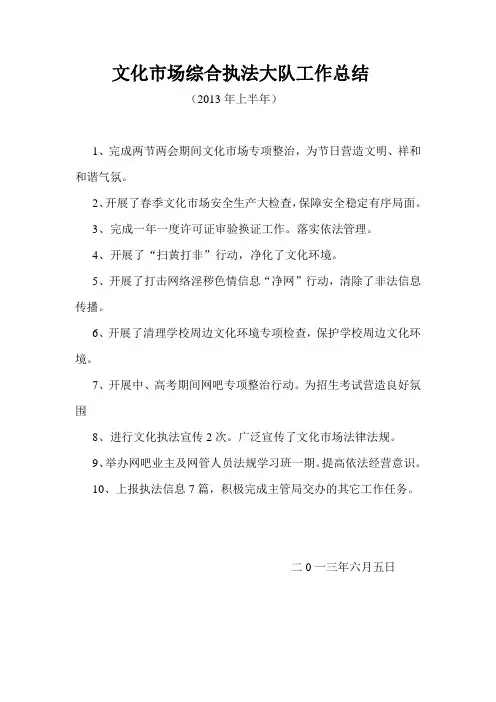 文化市场综合执法大队工作总结