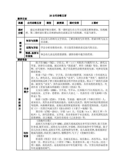 初中人教版七年级下教案第五单元20.古代诗歌五首 教案 教学设计