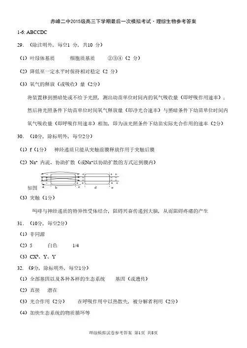 赤峰二中2015级高三下学期最后一次模拟考试理综答案