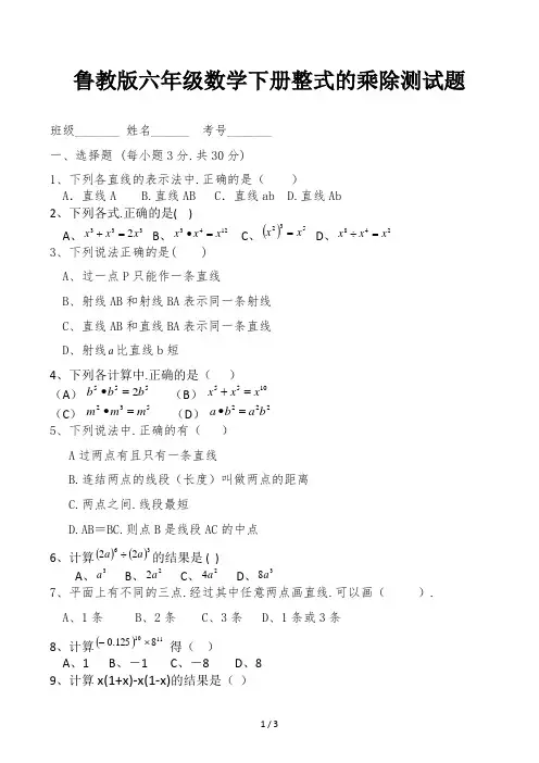 鲁教版六年级数学下册整式的乘除测试题