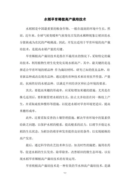 水稻旱育稀植高产栽培技术