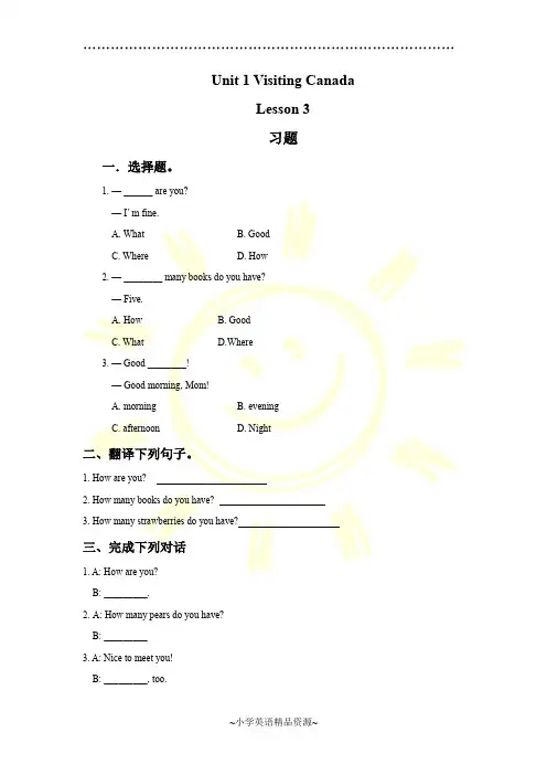 人教版新起点英语六年级下册 Unit 1 Visiting Canada Lesson 3 习题
