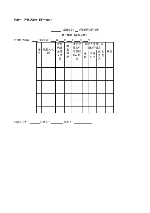 (项目名称)标段组开标记录表第一信封(商务文件)【模板】