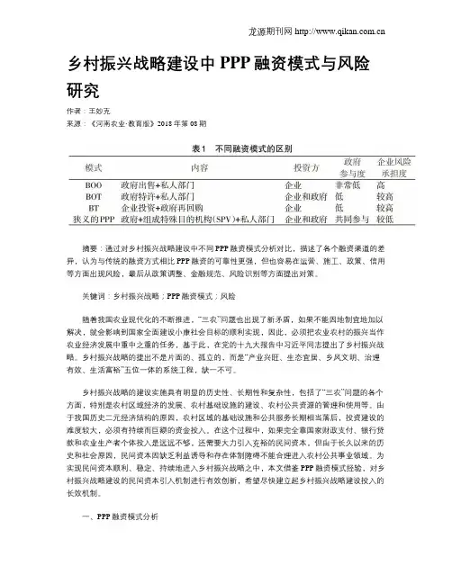 乡村振兴战略建设中PPP融资模式与风险研究