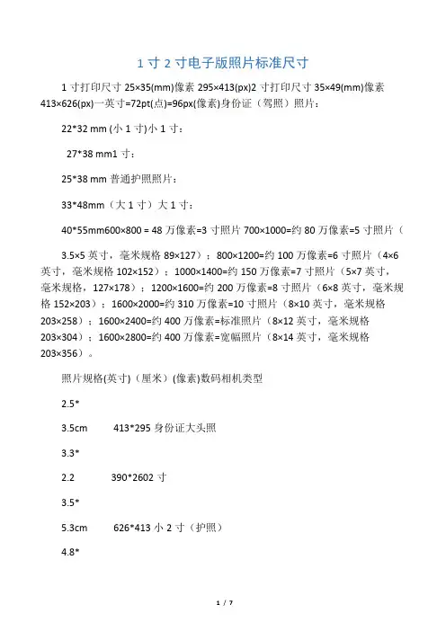 1寸2寸电子版照片标准尺寸