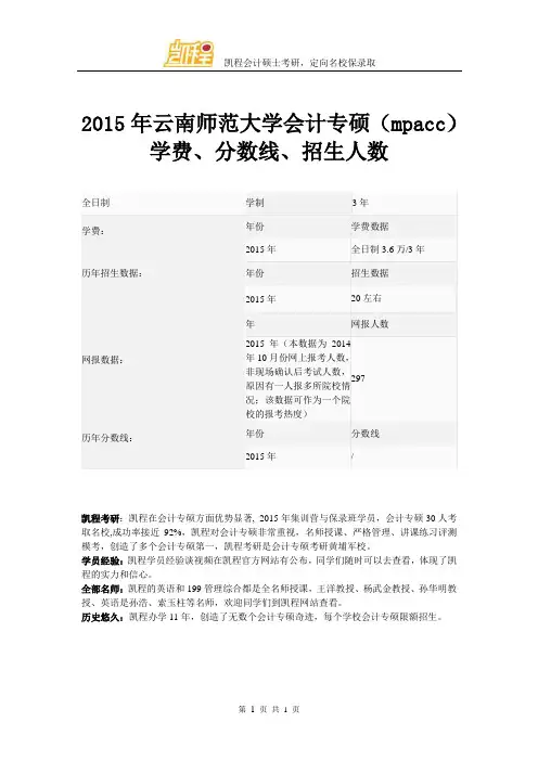 2015年云南师范大学会计专硕(mpacc)学费、分数线、招生人数
