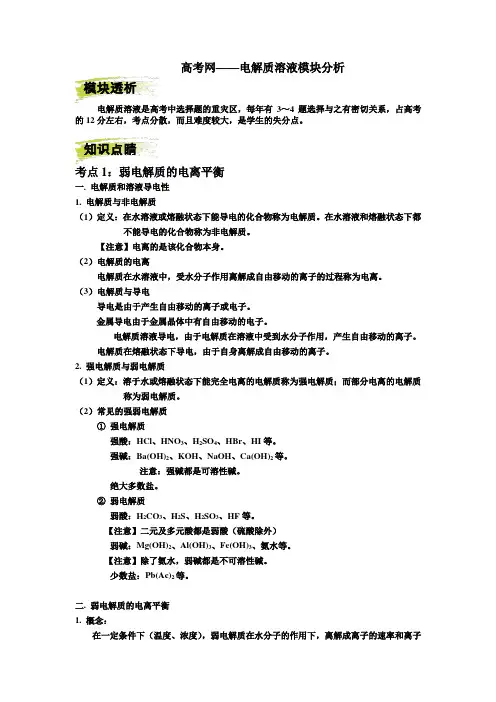 高考考点剖析——电解质溶液