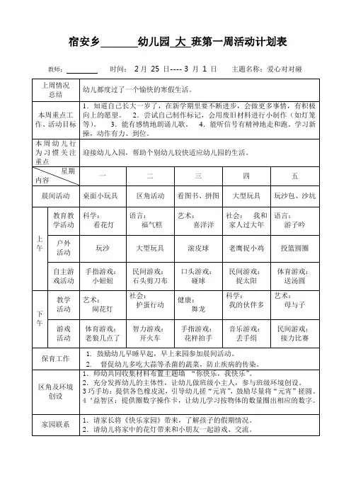 幼儿园周计划表 2