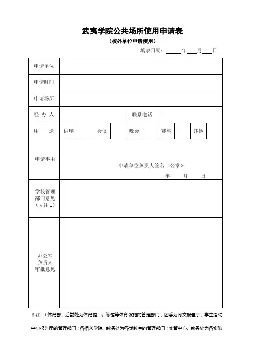 公共场所使用申请表(校外单位申请)