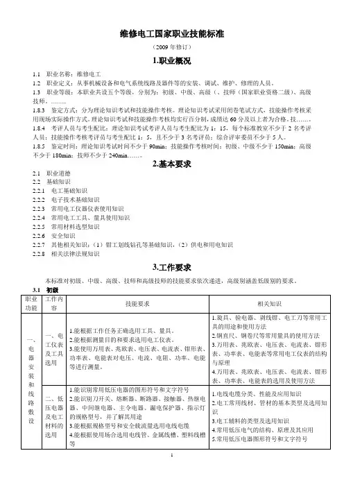 维修电工国家职业技能标准