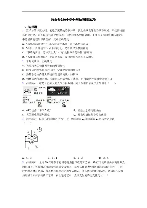 河南省实验中学中考物理模拟试卷