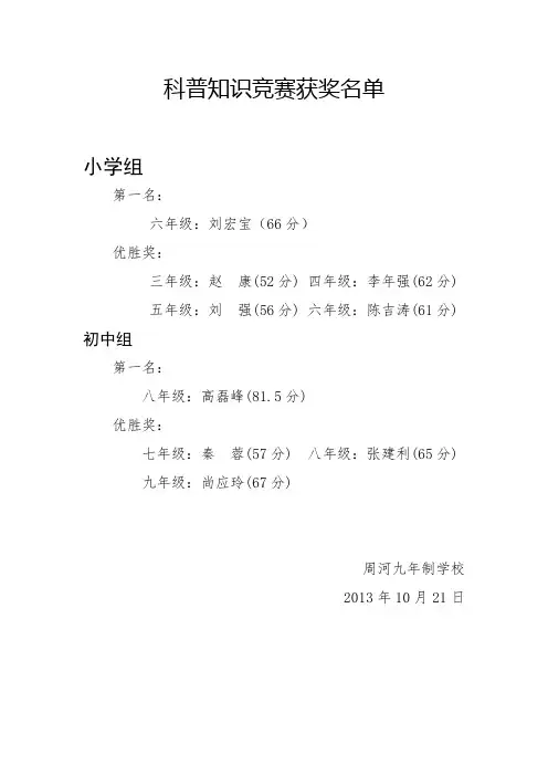 科普知识竞赛获奖名单