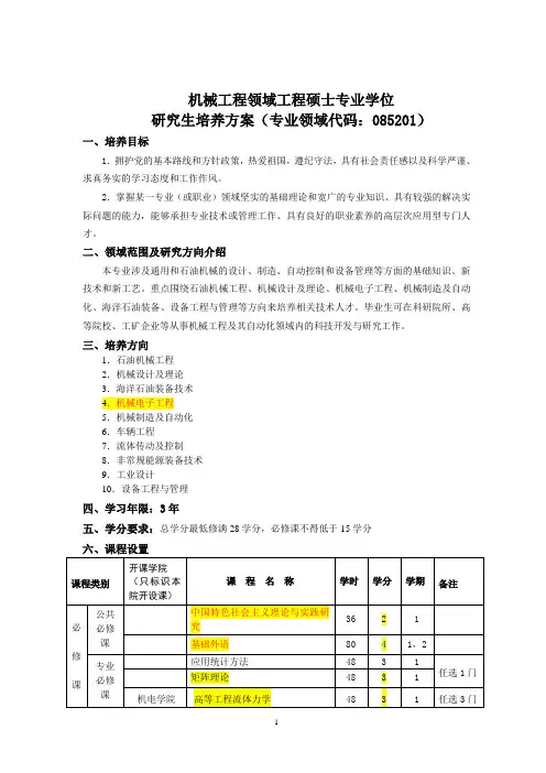 中国石油大学(华东)机械工程专业硕士培养方案