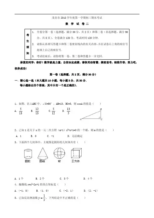 广东省茂名市2018-2019届九年级上学期期末考试数学试题(二)