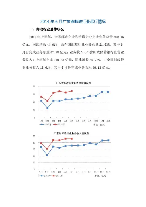 2014年6月广东省邮政行业运行情况