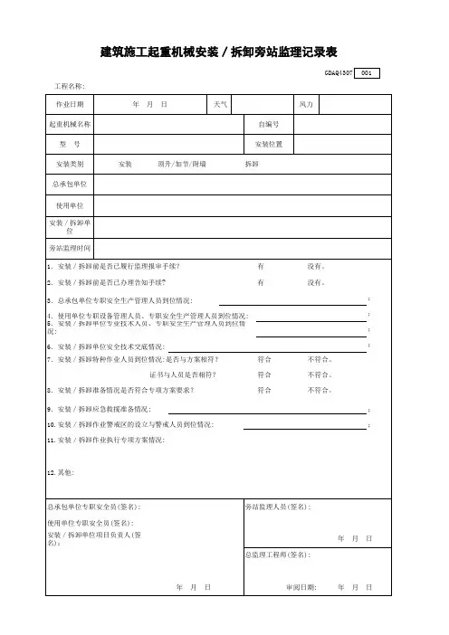 建筑施工起重机械安装拆卸旁站监理记录表