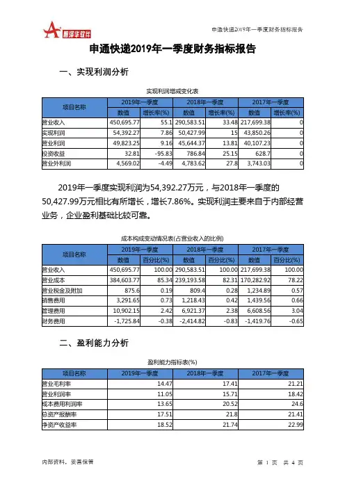 申通快递2019年一季度财务指标报告