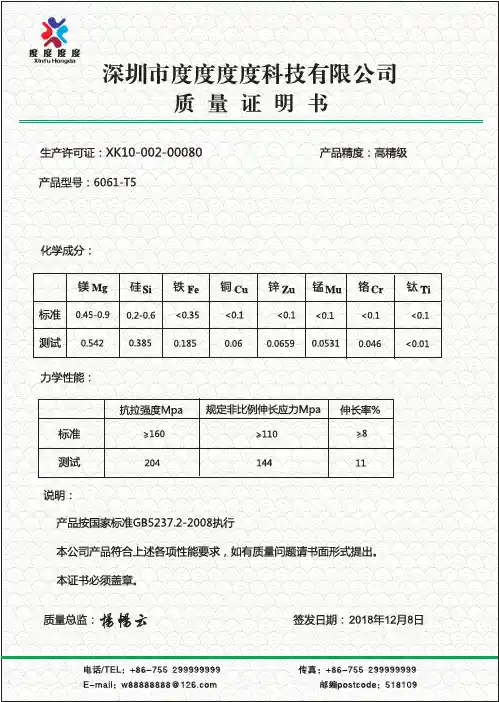 6061 t5 铝板  质量证明书