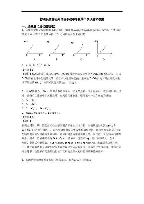 苏州吴江存志外国语学校中考化学二模试题和答案