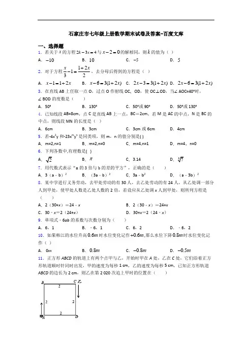 石家庄市七年级上册数学期末试卷及答案-百度文库
