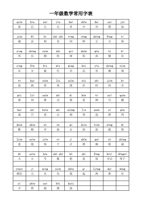 小学一年级数学常用字