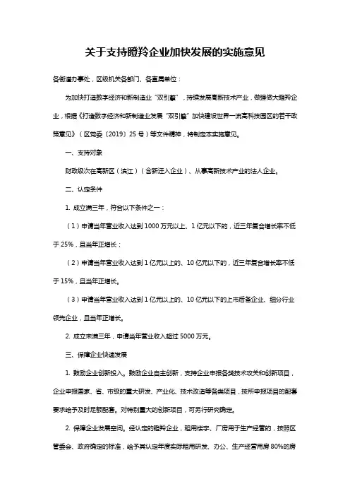 关于支持瞪羚企业加快发展的实施意见
