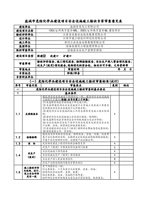 盐城市危险化学品建设项目安全设施竣工验收专家审查意见表 2