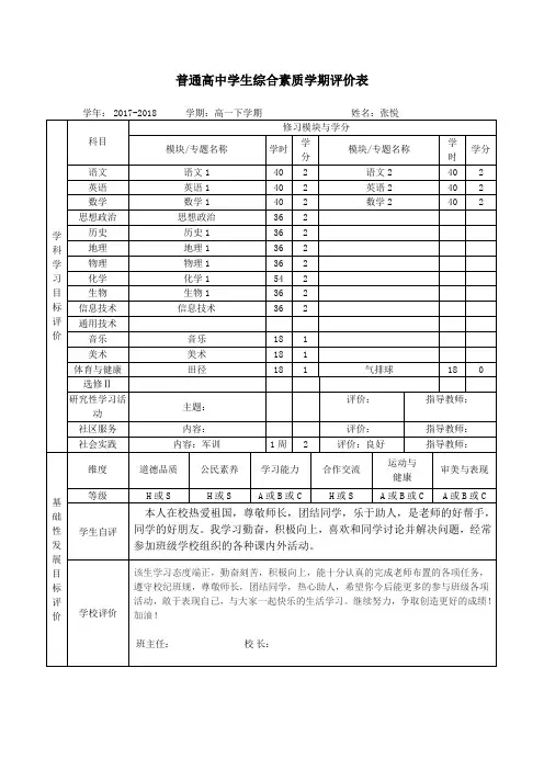 高中学生综合素质学期评价表