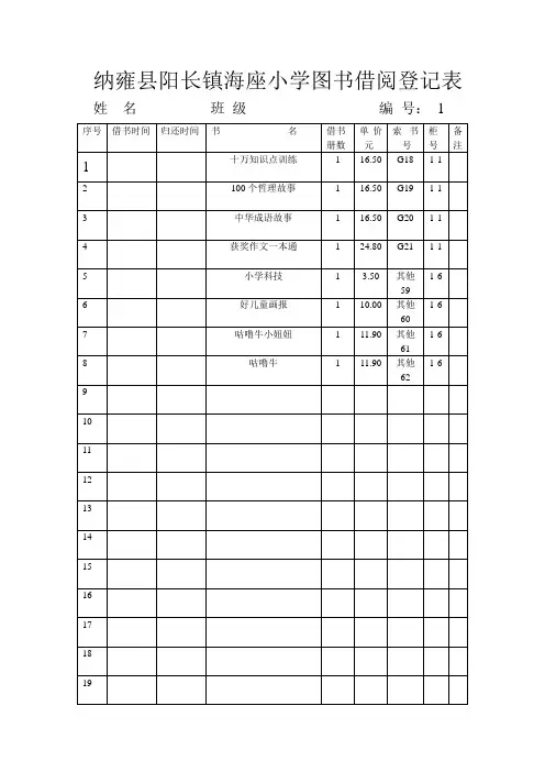 六年级2班图书借阅登记表