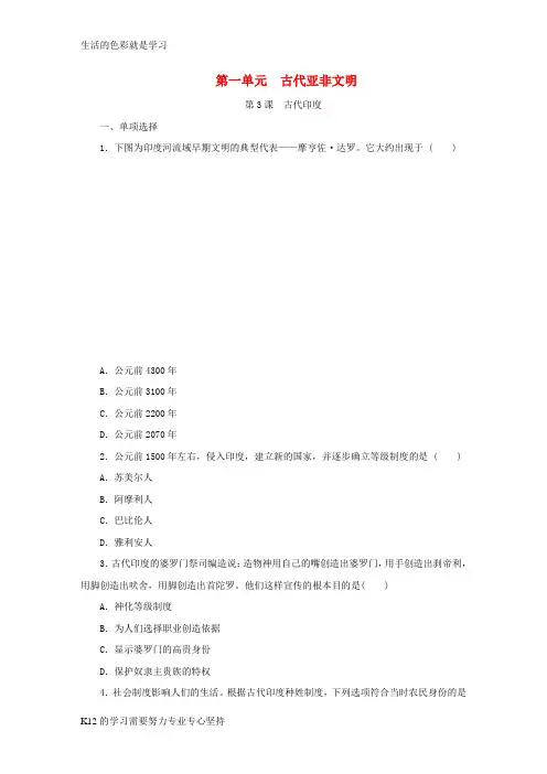 [推荐学习]2018年秋九年级历史上册第一单元古代亚非文明第3课古代尤课时训练新人教版