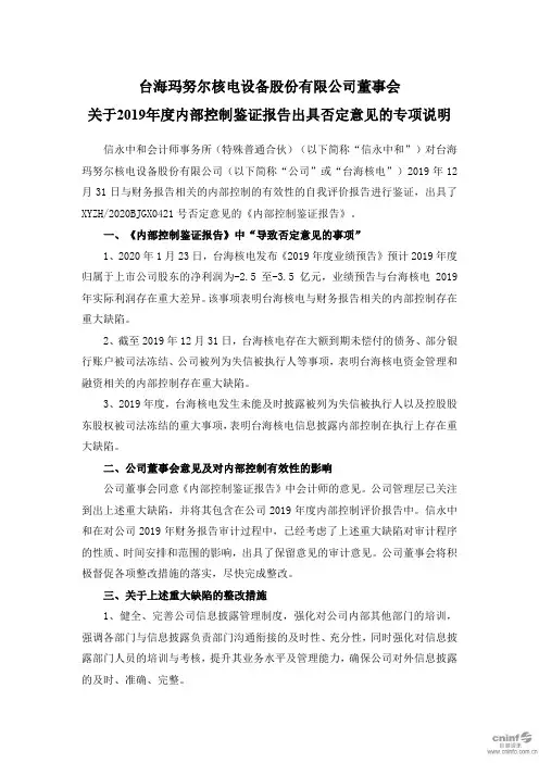 台海核电：董事会关于2019年度内部控制鉴证报告出具否定意见的专项说明