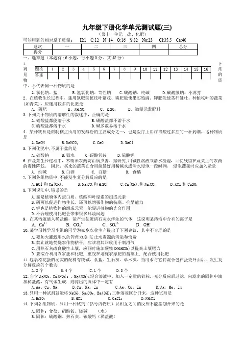 第11单元_盐、化肥_单元测试题(有答案)