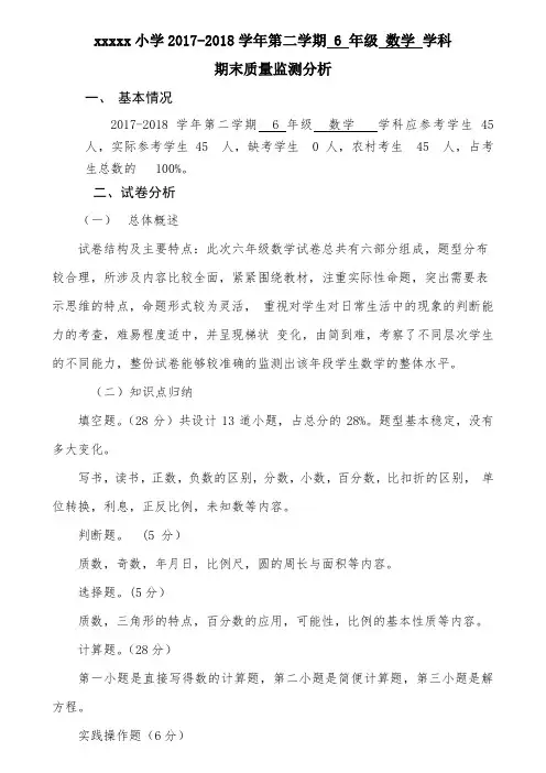 6年级数学质量监测及试卷分析模板