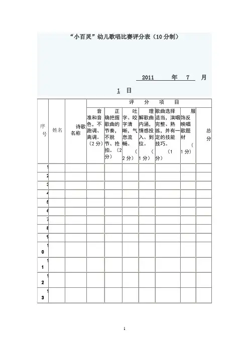 幼儿歌唱比赛评分表