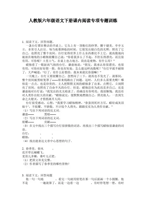 人教版六年级语文下册课内阅读专项专题训练