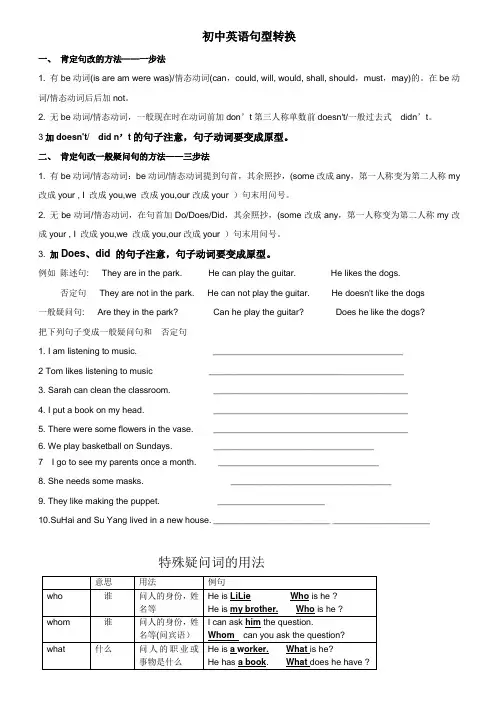 初中英语七年级必备_整理版_句型转换(陈述句变一般疑问句特殊疑问句及练习)