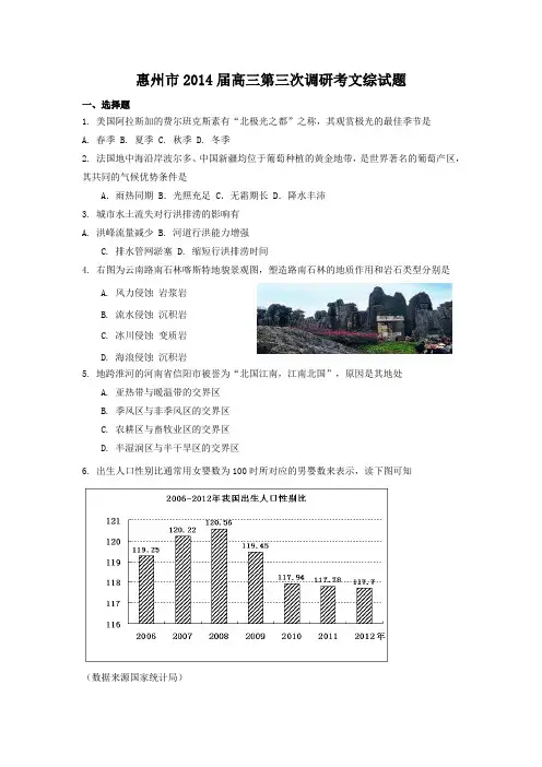 广东省惠州市2014届高三第三次调研考文综试题